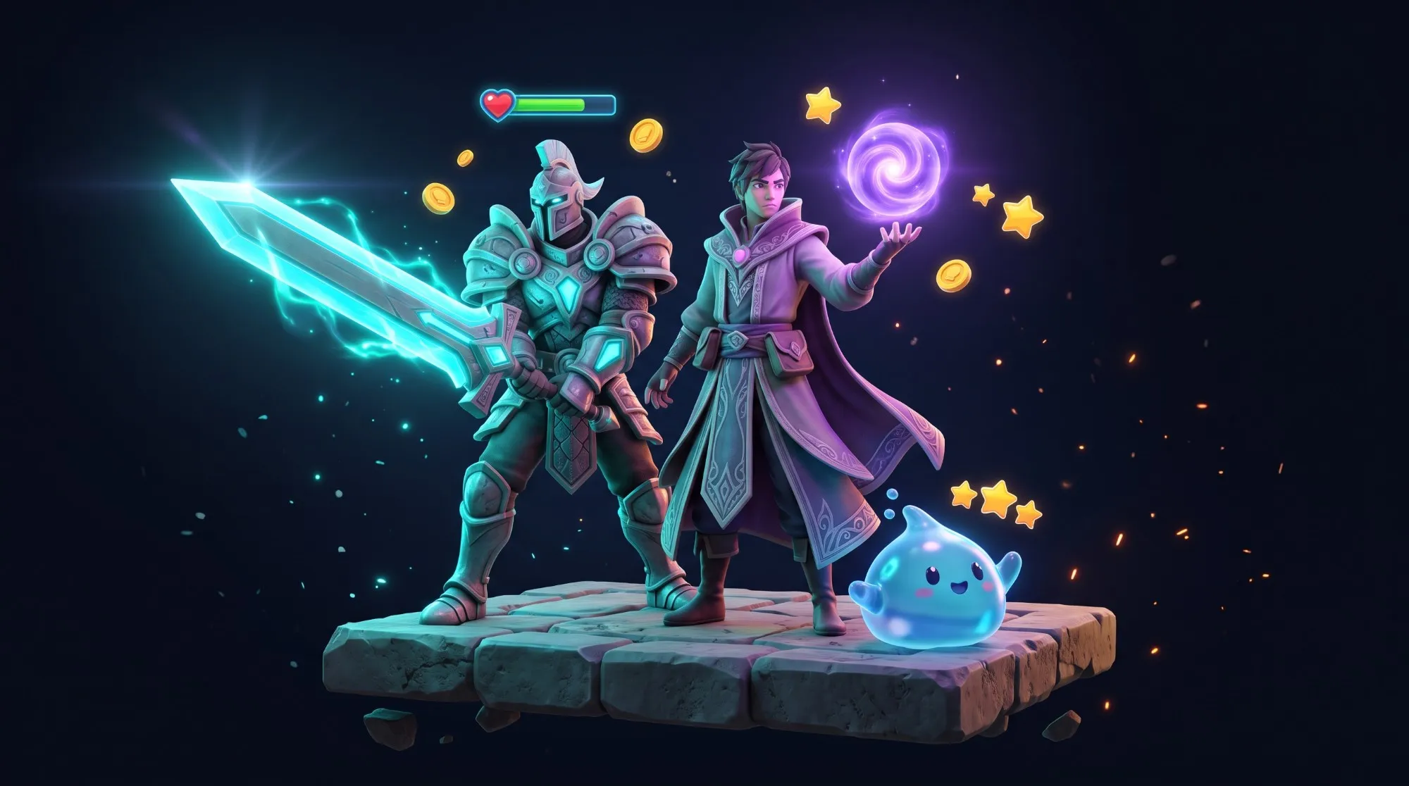 A knight, a mage and a slime mascot on a floating stone platform