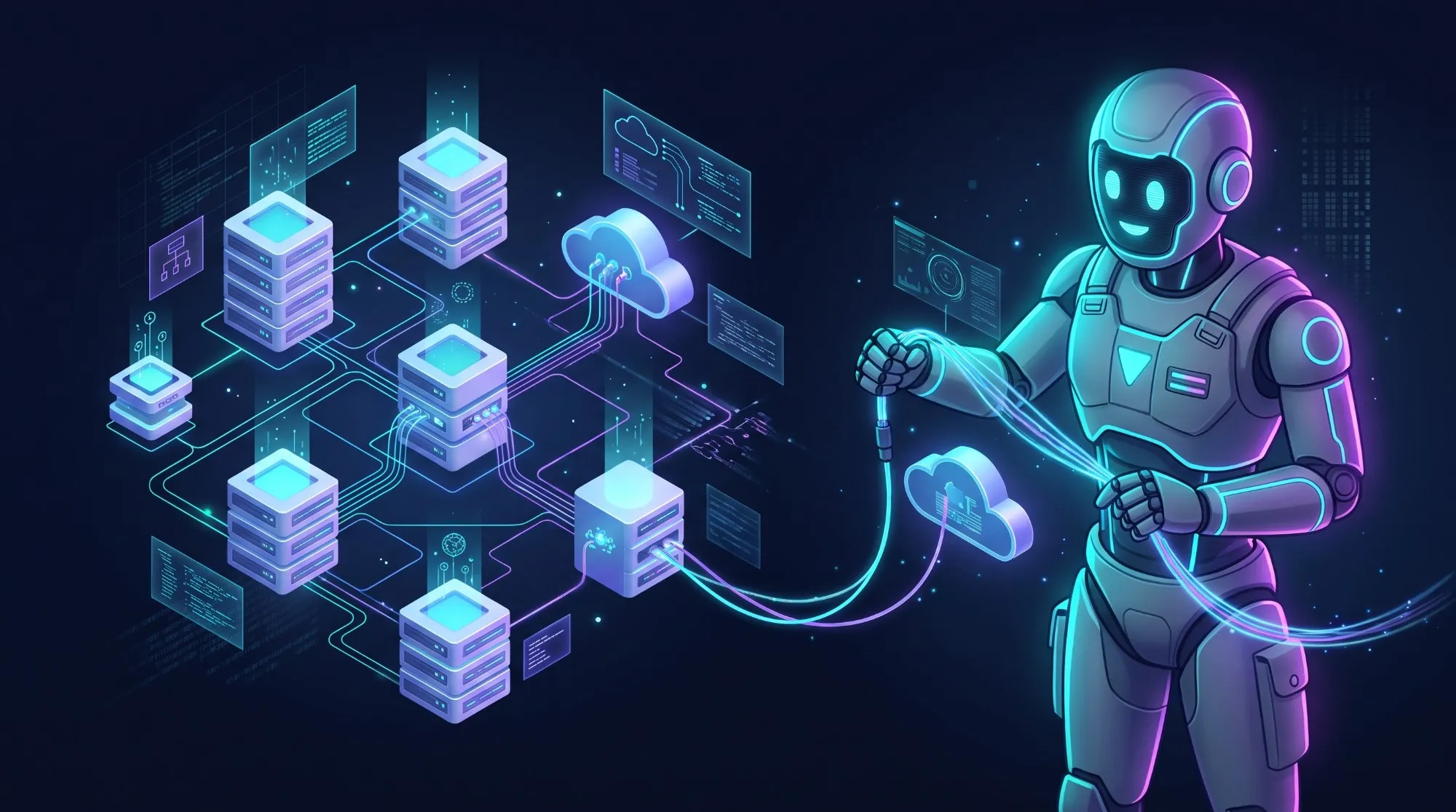 A robot engineer connecting servers and cloud services with glowing cables